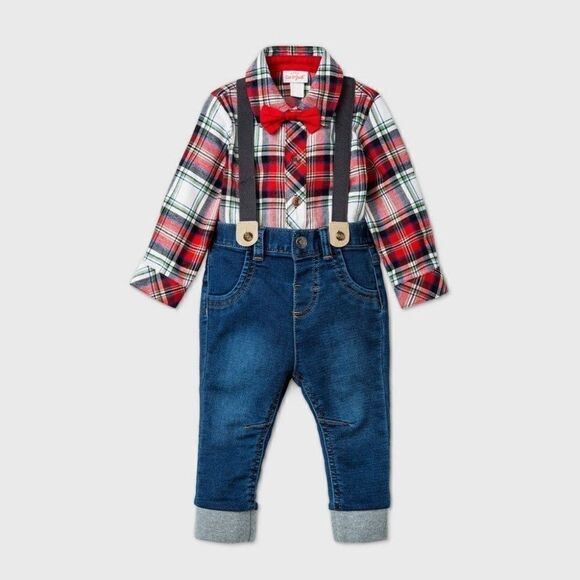 Baby Boys Denim Plaid Top & Bottom Set with Bow Tie Cat & Jack Red 0-3M NEW - Picture 1 of 4